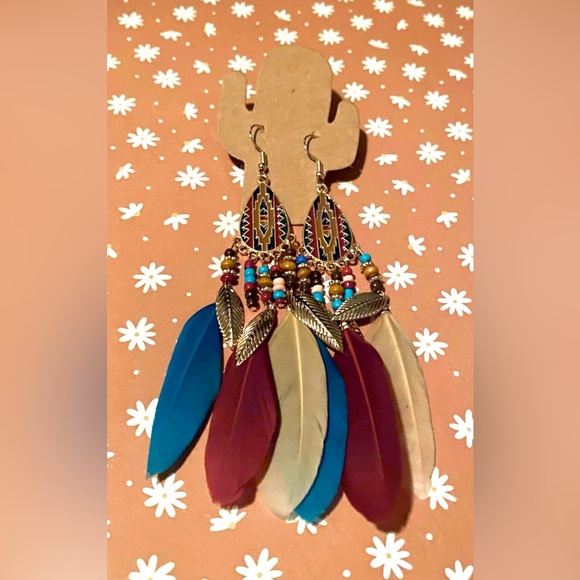 Jewel-Toned Feather Dangle Earrings - Picture 1 of 3